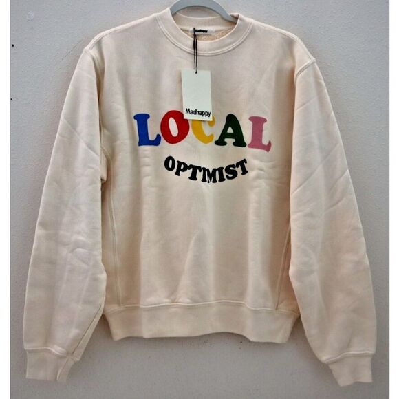 Madhappy 4U032 Unisex Sz XS Ivory Local Optimist Colorful Crewneck Pullover - Picture 1 of 8